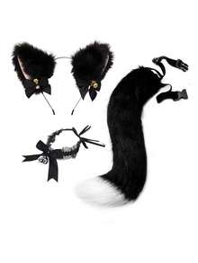 Diadema con orejas de gato para cosplay, decoración de cola de gato, accesorios para el cabello hechos a mano con orejas de neko mimi lindas, conjunto de disfraz de cola peluda, Halloween