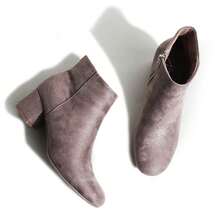 Women's Black Vegan Suede Cheetah Faux Suede Cognac Vegan Suede Natural Faux Suede Smokey Taupe White PU Chunky Low Heel Zip-Up Ankle Boots – Minimalist Round/Pointed Toe Fashion Booties [Size Up Half Size] - 煙燻灰褐色 - 查看 6