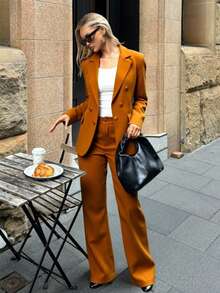 Zalla Blazer And Palazzo Pants Set With Lining And Decorative Button - Camel - View 3