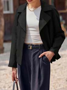 1pc Women's Solid Color Woven Fabric Front Button Regular Jacket, Suitable For Everyday Wear In Autumn - Black - View 3