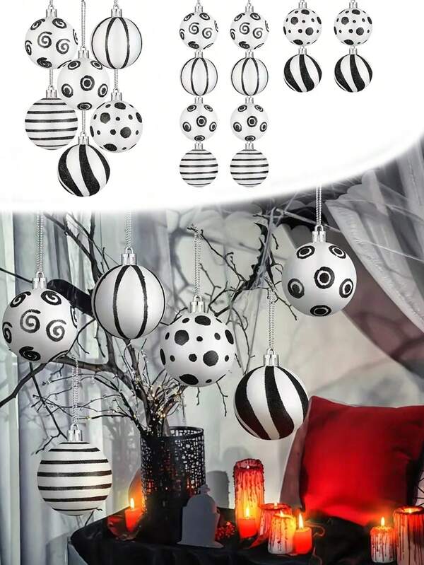 12 pièces Boules de Noël noires et blanches, boules de Noël à rayures et à pois à suspendre en plastique, pendentifs tourbillonnants pour sapin de Noël incassables. Convient pour la décoration de Noël, d'Halloween, pendentifs de fête, décorations suspendues, décorations de sapin de Noël, boules de Noël, décorations d'Halloween