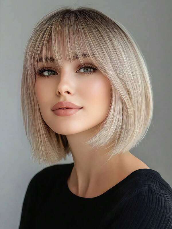 Blonde Bob Wig With Bangs Short Blonde Wigs For Women Heat-Resistant Synthetic Ombre Blonde Short Wig For Cosplay Daily Use
