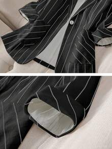 Blazer décontracté rayé à un bouton et manches 3/4 pour femmes, printemps/été - Noir - Voir 5