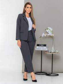 Women's Blazer And Tailored Pants Set, Cold Winter Casual - 深灰色 - 查看 1
