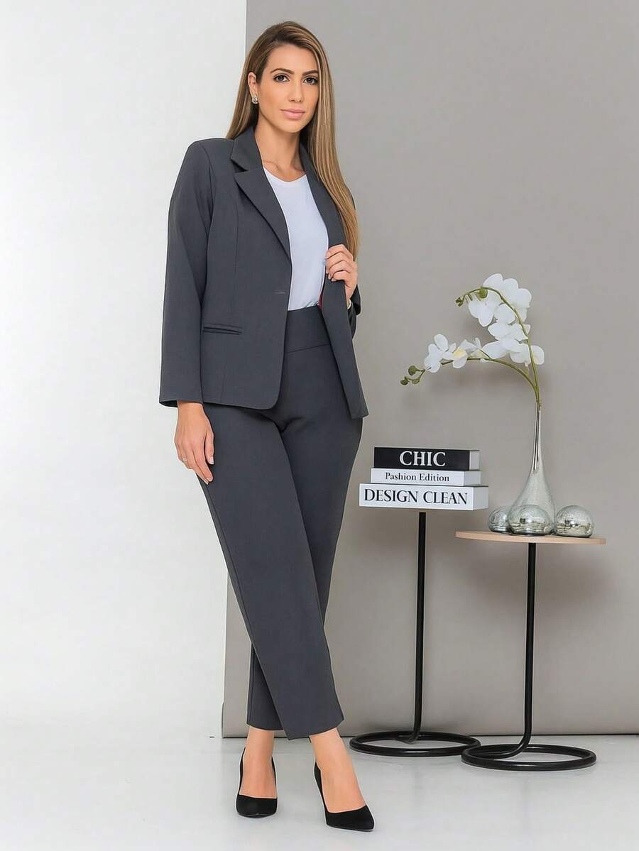 Women's Blazer And Tailored Pants Set, Cold Winter Casual - 深灰色 - 查看 1