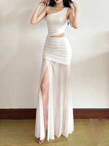 Top Dazzle 纯色修身时尚单肩不对称无袖连衣裙 - 白色 - 查看 3