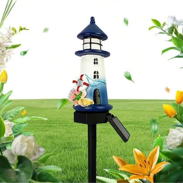 1PC Outdoor Solar Lighthouse Decor LED Statue Light With Blue & White Stripes, Ideal For Garden, Patio, Lawn, And Outdoor Spaces, Perfect Gift For Family And Friends, Lawn Light Decor | Nautical Theme Decor | Solar Powered Light, Lighthouse Decor