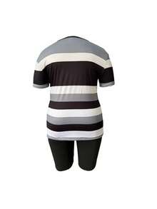 Plus Size Women's Fashion Two-Piece Suit, Round Neck Short-Sleeved Top And Shorts Set, Striped Print Short-Sleeved Shorts Two-Piece Suit - 黑色 - 查看 2