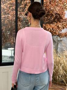 FOR BEAUTY 春季圆领长袖针织毛衣，新款金属纽扣时尚通勤甜美粉色开衫外套，百搭休闲毛衣，适合情人节约会 - 粉色 - 查看 7