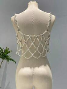 1pc Handmade Beaded Hollow Faux Pearl & Rhinestone Boho Style Necklace Chain Jewelry Accessory For Women, Suitable For Dates, Weddings, Parties, Summer Beach Vacation And Daily Wear