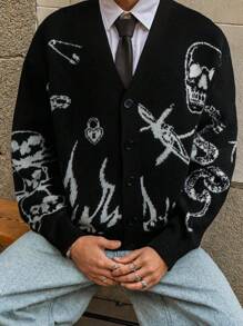 Unisex Retro Dark Style Patterned Long Sleeve Button-Up Knit Cardigan Sweater, Suitable For Spring, Autumn, Winter, European And Asian Fashion