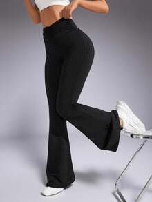 Pantalones de entrenamiento de talla grande para mujer con cintura alta, unicolor y volantes acuchillados - Negro - Ver 4