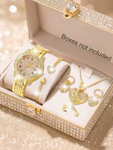 母亲节女士手表套装，优雅时尚，水晶镶嵌表壳和表带，石英表搭配项链、耳环、戒指和手镯，适合日常佩戴、生日礼物、返校礼物、感恩节礼物、情侣礼物，最佳礼物之选（不含礼盒） - 金色 - 查看 1