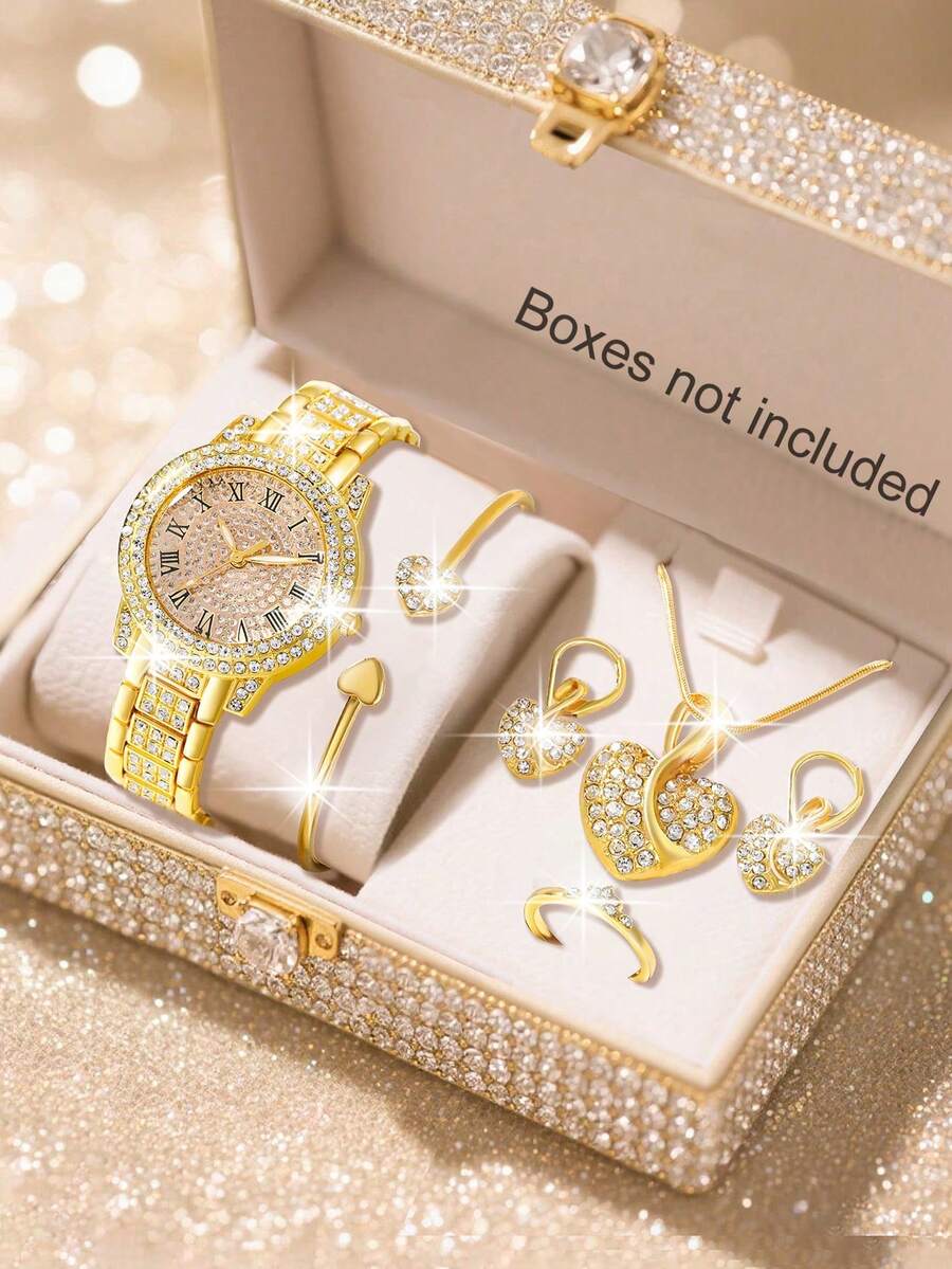 母亲节女士手表套装，优雅时尚，水晶镶嵌表壳和表带，石英表搭配项链、耳环、戒指和手镯，适合日常佩戴、生日礼物、返校礼物、感恩节礼物、情侣礼物，最佳礼物之选（不含礼盒） - 金色 - 查看 1