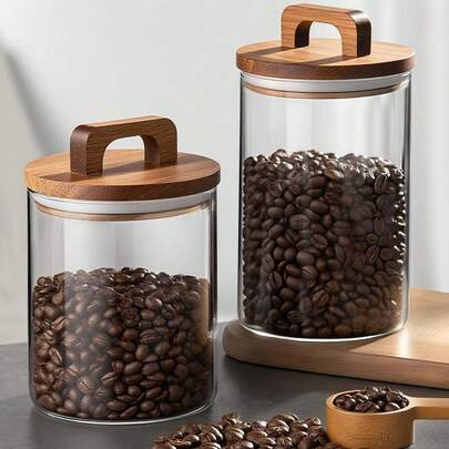 shoxil 1个装咖啡豆密封罐带手柄木盖储物罐咖啡豆玻璃密封罐