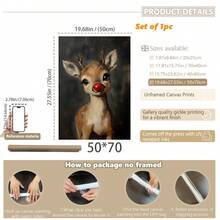 1pc Christmas Rudolph Painting Reindeer Print, Whimsical Deer Christmas, Red Nose Christmas Wall Art, Atmospheric Vintage Rudolph Poster, Rustic Artwork, Canvas Wall Art, Posters For Room, Home Decor, Room Decor Aesthetic, Room Decoration Stuff. Optional Frame Christmas Decorations - Multicolor - View 17