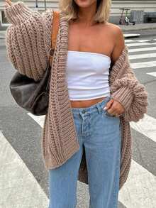 Live To Mo Fall Women Clothes Wear Mid-Length Dropped Shoulder Coarse Knit Cardigan Suitable For Back To School Eacher Outfits For Women Clothing Casual And Going Out Outfits - Brown - View 5