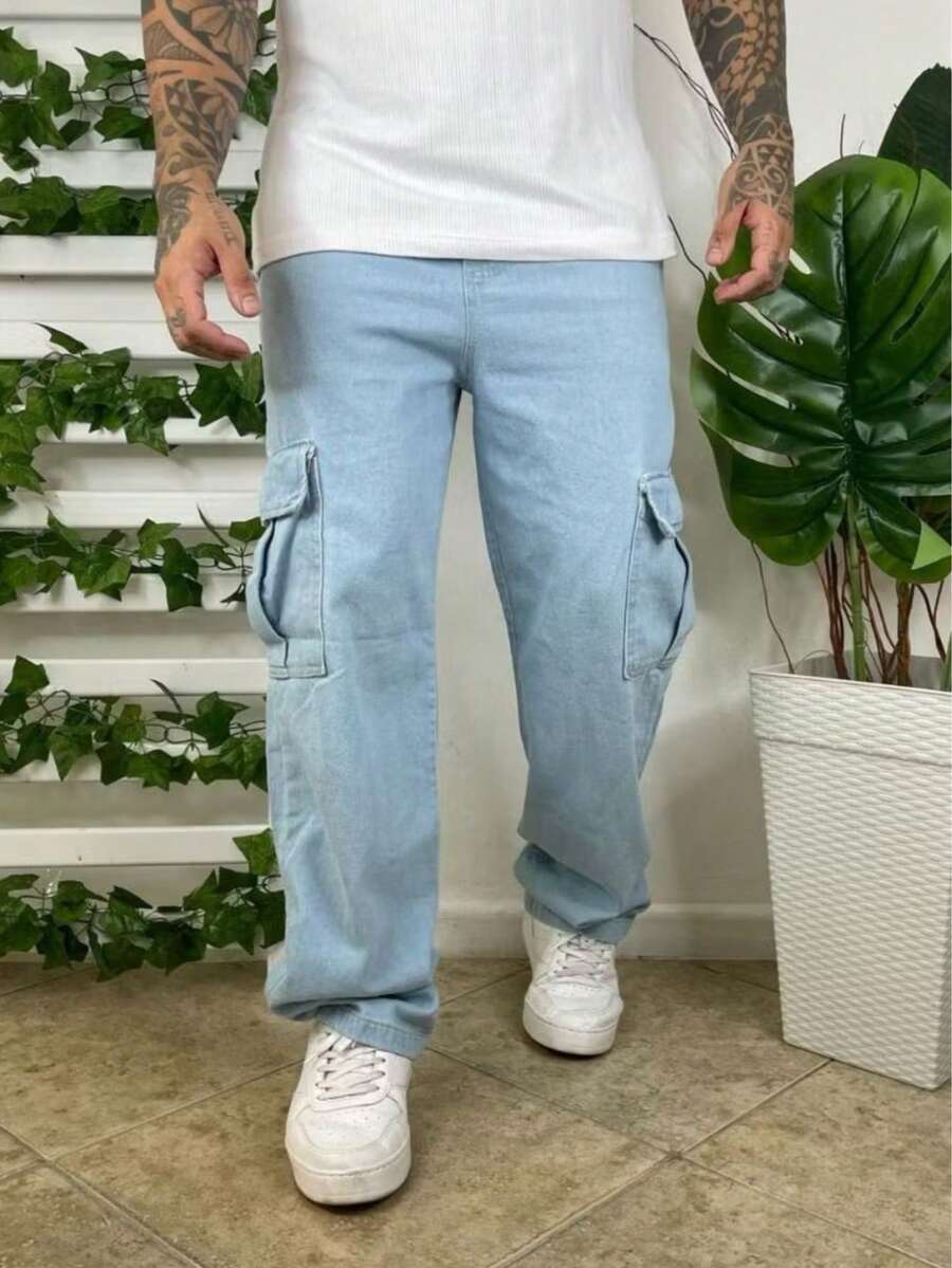 Wide JEANS Cargo Pants With Side Pockets - Rửa nhẹ - Xem 1