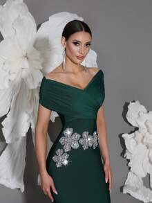 新款针织绷带露肩连衣裙，手工串珠，性感修身开衩下摆，适合家庭聚会、派对、宴会、鸡尾酒会 - 墨綠色 - 查看 5