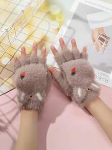 1 Pair Of Cute Flip-Top Gloves - Made Of Extremely Cold-Resistant Plush Fabric. - A Versatile Pair Suitable For Both Work And Leisure, Which Can Be Worn As Either Half-Palm Gloves Or Full-Palm Gloves. - Allows Touchscreen Writing While Working, No Need To Take Them Off Frequently. - Available In Versatile White And Brown For You To Choose From. - The Perfect Choice For Outdoor Cycling And Skiing In Cold Winters. - Wishing You A Warm Winter / Fall - Multicolor - View 9