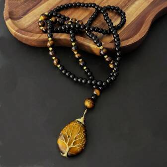 Bohemian Style Tree Of Life Pendant Necklace - Natural Tiger's Eye Stone, Handcrafted With Oval Amber, Golden Accents, Black And Brownish-Orange, For Men And Women Necklaces For Women Jewelry Women Accessories Women