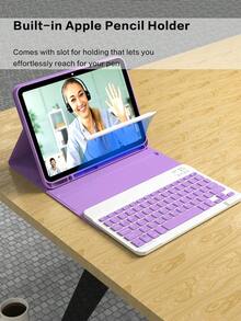 可拆卸无线蓝牙键盘保护套，带 Apple Pencil 收纳槽，兼容 iPad Air 第五代 (2022)、第四代 (2020)、第六代 (2024)、9.7 英寸、第七/八/九代、10.2 英寸、10 英寸，薰衣草色 - 紫丁香色 - 查看 6