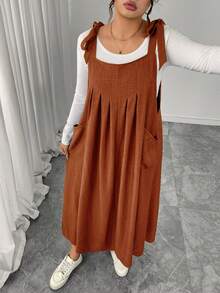 Plus Size Solid Color Thick Strap Knotted Pocket Sleeveless Summer Dress