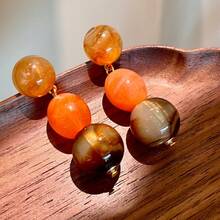 Amber Sunset Color Round Color Block Earrings Vintage Melad Brown Round Bead Earrings Artistic Earrings Suitable For Daily, Festival, Party Wear - 彩色 - 查看 3