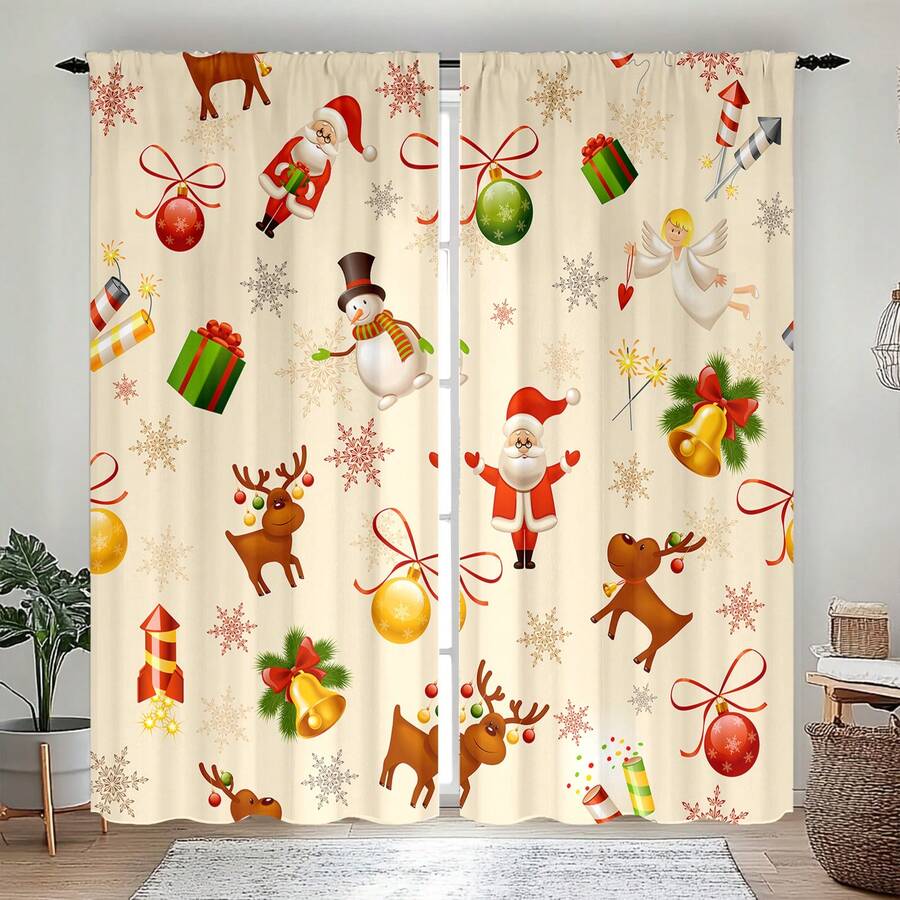 2 Stücke Weihnachts-Schneemann & Tier-Muster Vorhänge - 2 Paneele, Polyesterstoff, halbtransparentes modernes Design, Schlafzimmer & Wohnzimmer Dekor Rollfalten Vorhänge, maschinenwaschbar