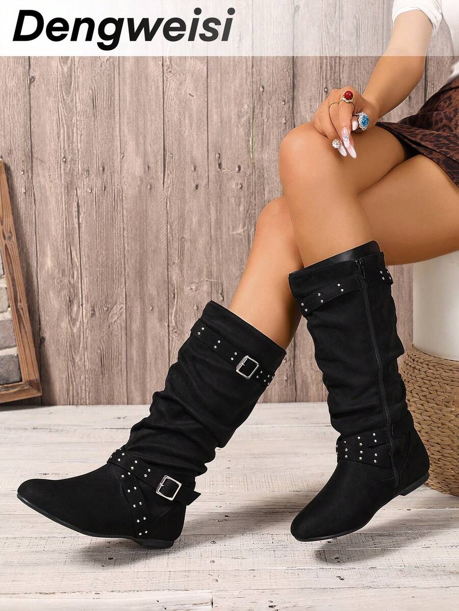 Black Multi-Strap Rivet Punk Pleated Soft Flat Round Toe Versatile Commute Daily Office Casual Holiday Music Festival Fashion Mid-Calf Boots For Women - Black - View 1