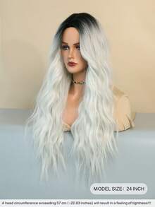 24 Inch Long Wavy Ombre Silvery White Wig For Women Heat Resistant Fiber Middle Part Hairpiece With Dark Roots,Natural Synthetic Full Machine Hair Wigs For Daily Music Festival Party Wear, Cosplay Halloween & Street Photography Use - 銀色 - 查看 3