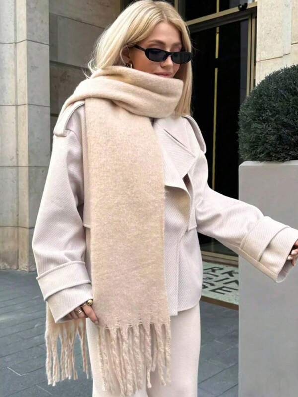 1pc Solid Color Scarf, Winter Warm Neck, Thickened Wool Knitted Thick Fringed Shawl, Can Be Worn