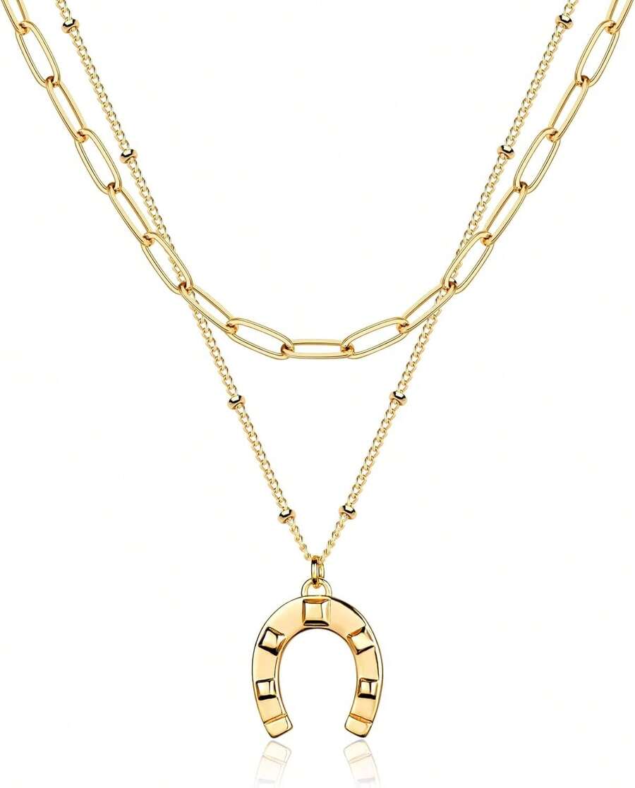 MEVECCO Layered Heart Necklace Pendant Handmade 18k Gold Plated Dainty Gold Choker Arrow Bar Layering Long Necklace For Women - 層馬蹄鐵 - 查看 1