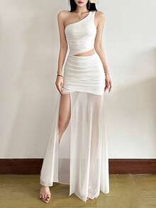 Top Dazzle 纯色修身时尚单肩不对称无袖连衣裙 - 白色 - 查看 2