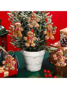 12pcs Christmas Gingerbread Man Ornaments, Wooden Christmas Tree Hanging Decorations, Cute Bow Gingerbread Man & Snowflake Gingerbread Ornaments, Christmas Party Fireplace Window Decor, Classic Belief Decorations Suitable For Christmas And Winter