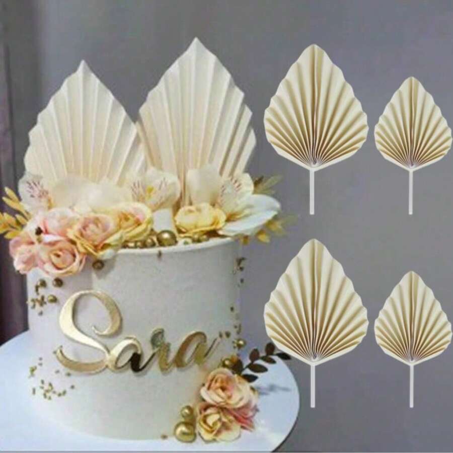 4pcs/Set Or 8pcs/2sets Beige Leaf Shaped Cake Toppers, Suitable For Birthday, Wedding, Anniversary Party Cake Decorations - Multicolor - View 1