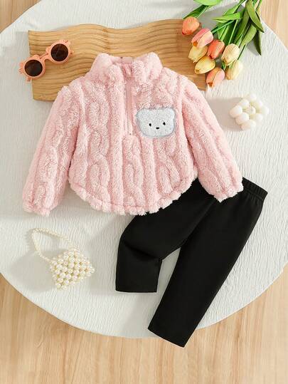 2 件套女婴立领拉链羊毛衫，绣花熊装饰和裤子套装，温暖舒适的秋冬休闲装