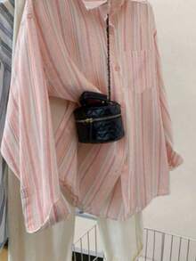 Áo sơ mi dài tay nữ màu hồng kẻ sọc, kiểu dáng thường ngày, thích hợp cho mùa xuân. - Hồng - Xem 3