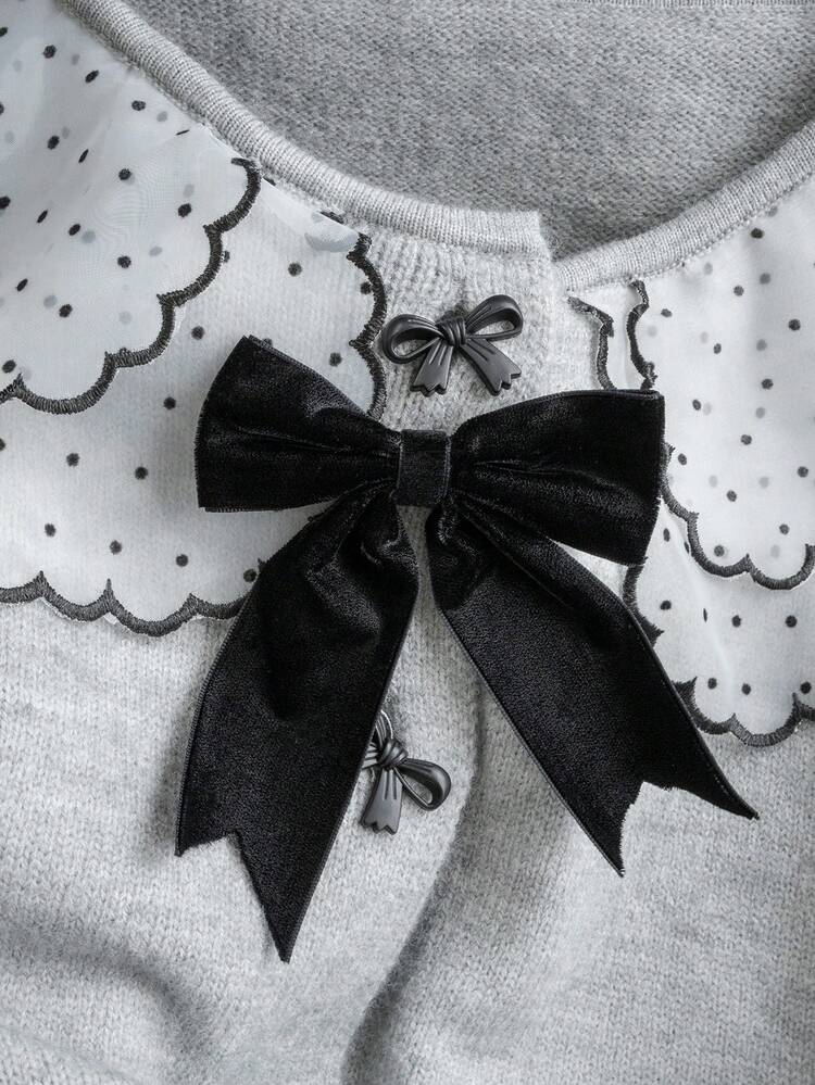 2025년 신상 가을/겨울 스위트 & 큐트 디자인 칼라 패치워크, 여성용 루즈 그레이 니트 가디건 재킷, 물방울 무늬 리본 버튼 긴소매 탑, 가정, 외출, 데이트에 적합