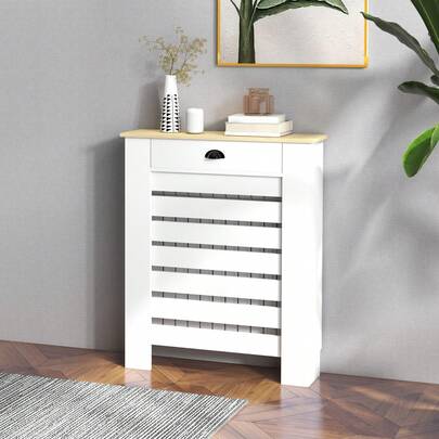 HOMCOM Radiator Cover With Drawer, Horizontal Slatted Grill, White Painted MDF Wood Cabinet Shelf Heating Cover For Living Room Bedroom Hallway, Small (H: 95.5 / W: 78 / D: 19 Cm)
