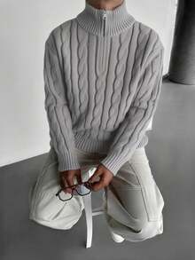 1pc Men's Solid Color Turtleneck Half-Zip Knit Sweater, Fashionable For Commuting, Sports, Streetwear, Hiking, Workout, Casual, Loose Fit, Retro Style, Autumn/Winter