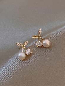 1 Pair Cherry Stud Earrings - Rhinestone & Faux Pearl Floral Design, Dainty Women's Jewelry For Daily Wear & Special Occasions - Vàng - Xem 1