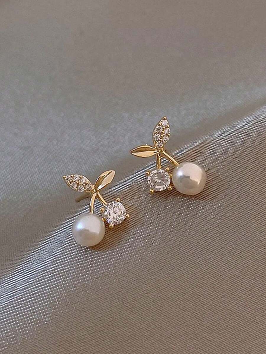 1 Pair Cherry Stud Earrings - Rhinestone & Faux Pearl Floral Design, Dainty Women's Jewelry For Daily Wear & Special Occasions - Vàng - Xem 1