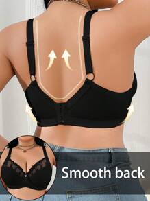 大码女式刺绣拼接时尚聚拢文胸，带钢圈，提升 - 黑色 - 查看 4