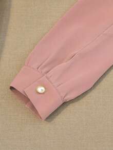 Elegant Pink Puff Sleeve Blouse With Stand Collar And Ruffle Front For Women - Pink - View 5