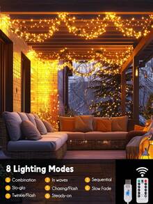 1 pacote com 100/200/300 LEDs, cordas de luzes de fada para áreas externas, luzes estreladas de fogos de artifício, USB, 8 modos de iluminação, fio de cobre com controle remoto, 3/6/9 m, luzes de jardim de fada para guirlanda faça você mesmo, casa, janela, casamento, aniversário, festa, decoração de Natal, lâmpadas para camping, jardim, guirlanda, pátio, cerca, quintal, árvore de Natal, decoração de árvore de pátio