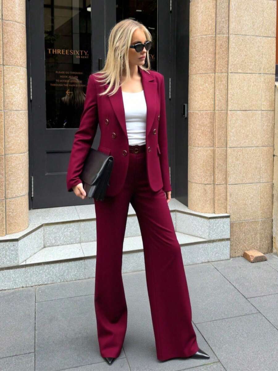 Zalla Blazer And Palazzo Pants Set With Lining And Decorative Button - Burdeos - Ver 1