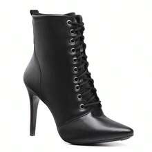 Women's Thin Heel Boot With Front Lace-Up And Modern Style - Black - View 1