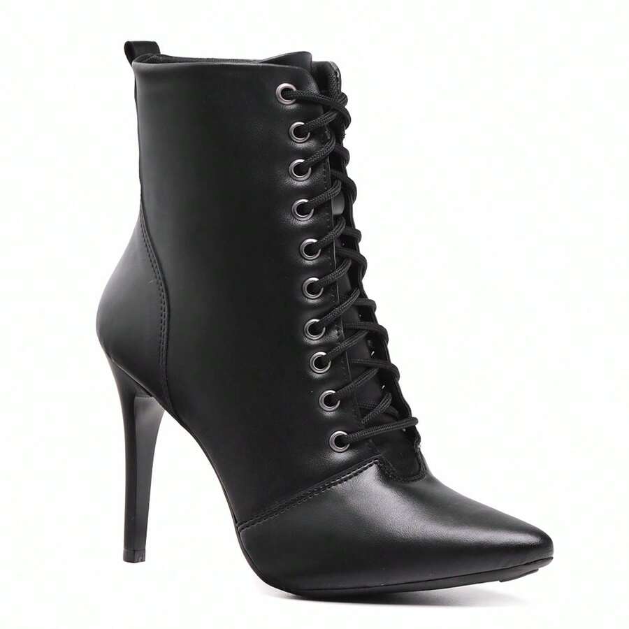 Women's Thin Heel Boot With Front Lace-Up And Modern Style - Black - View 1