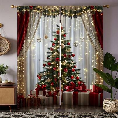 Conjunto de 2 cortinas transparentes natalinas com árvore de Natal iluminada e decoração de caixa de presente colorida, ideais para decoração de Natal em quartos e salas de estar.